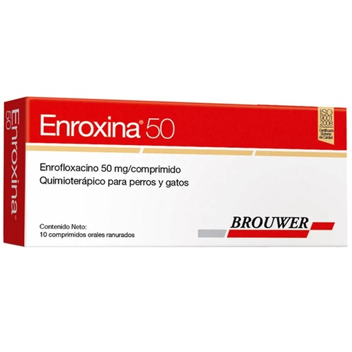 [7797600000631] Enroxina 50 mg Gato/Perro 10 Comprimidos Ranurados Brouwer