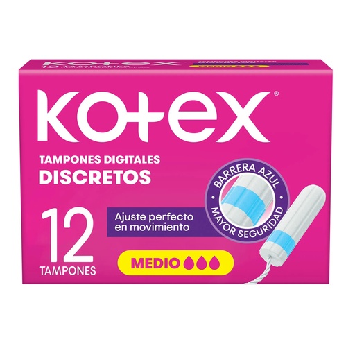 [7702425808041] Kotex Medio 12 Tampones Digitales Discretos Sin Aplicador Kimberly Clark