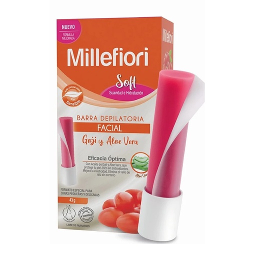 [7804923025231] Millefiori Soft Barra Depilatoria Facial Goji y Aloe Vera Piel Sensible 43 g
