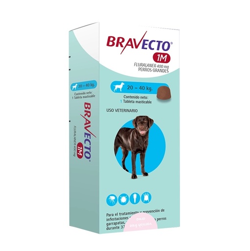 [8713184229922] Bravecto 1M 400 mg Perros 20,1 a 40 kg 1 Comp. Masticable 37 Días MSD