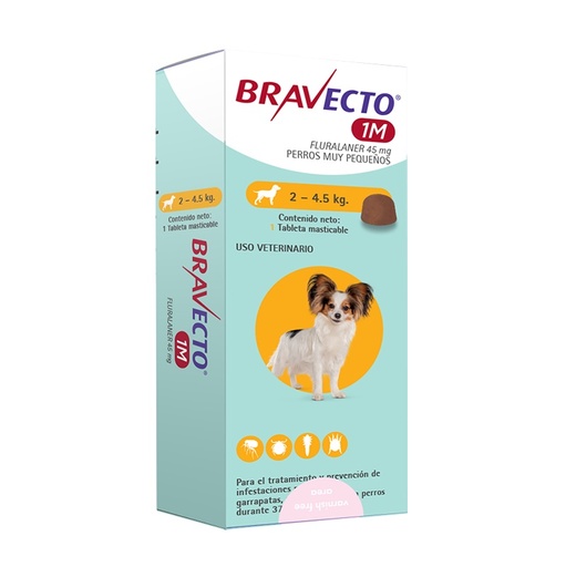 [8713184229885] Bravecto 1M 045 mg Perros 2 a 4,5 kg 1 Comp.Masticable 37 Días MSD