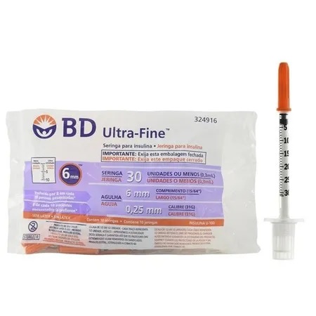 [0382904916015] BD Ultra-Fine 10 Jeringas de Insulina 0.3 mL (30 UI) Aguja Delgada Fija 31 G x 6 mm Becton Dickinson