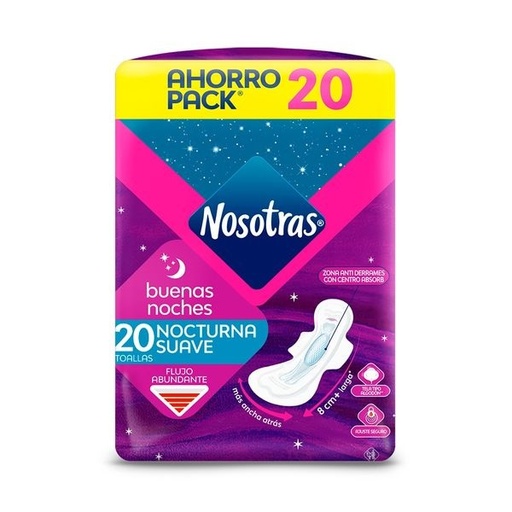 [7702026180263] Nosotras Buenas Noches Larga Ultrainvisible Tela Suave 20 Toallas Femeninas