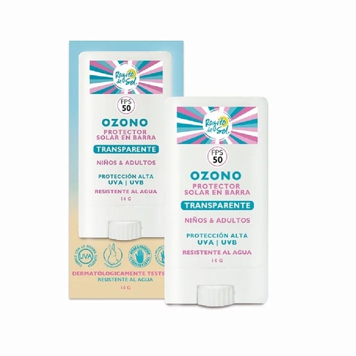 [7804907002029] Rayito de Sol Ozono Stick Face Barra FPS 50+ Transparente 14 g