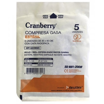 [7806130014930] Cranberry Compresa Gasa Estéril 45 x 45 cm 5 Unidades Reutter