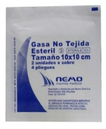 [65676042unidad] Gasa No Tejida Estéril 10 x 10 cm 2 Unidades Nemo