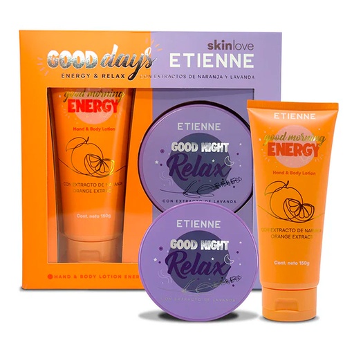 [7804902046462] Etienne Good Days Energy & Relax Estuche Loción 150 mL y Crema 200 g para Manos/Cuerpo Petrizzio