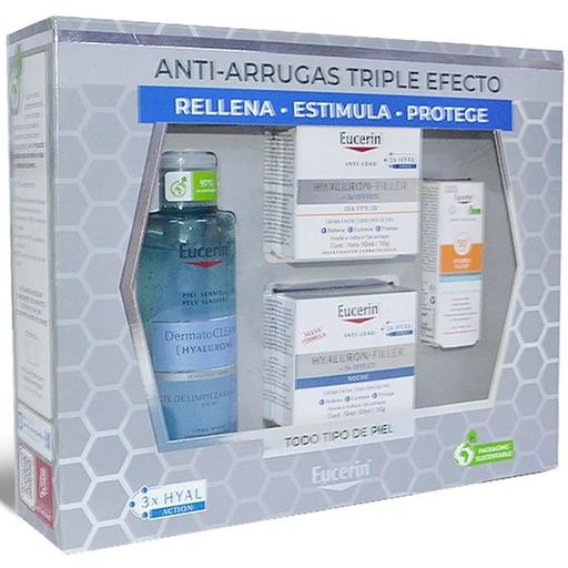 [4005800358715] Estuche Anti-Arrugas Triple Efecto Rellena Estimula Protege Hyaluron Filler 3x Effect Crema Día + Noche + DermatoClean Eucerin