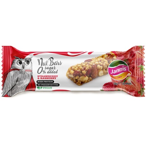 [5201041023866] Jannis Nut Bars 0% Sugar Added Barra Proteica con Frutillas y Frambuesas 28 g