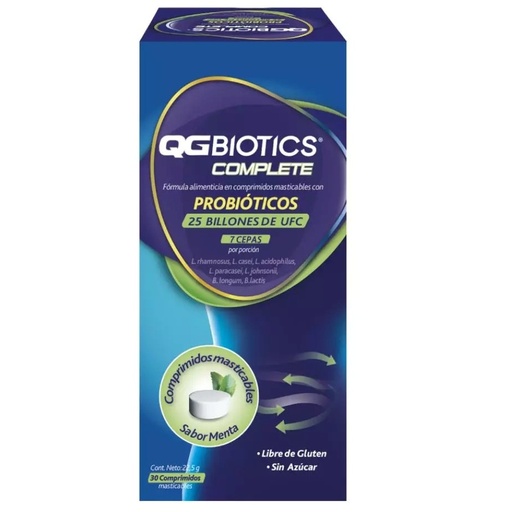 [7804651938353] QGBiotics Complete Probióticos 25000 mill. UFC 30 Comprimidos Masticables Genomma Lab