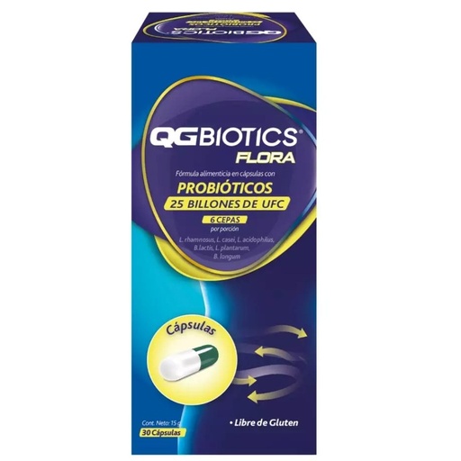[7804651938360] QGBiotics Flora Probióticos 25000 mill. UFC 30 Cápsulas Genomma Lab
