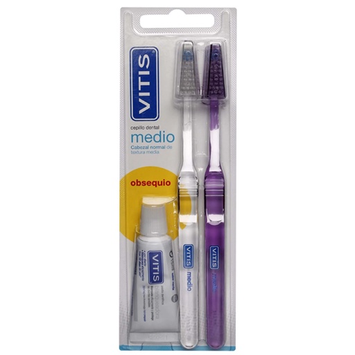 [8427426039490] Vitis Pack 2 Cepillos Dentales Medios + Pasta 15 mL Dentaid