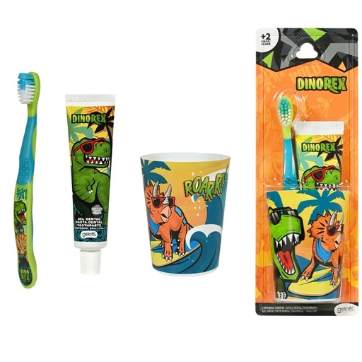 [7804915531283] DinoRex Cepillo + Pasta Dental 50 g + Vaso Gelatti