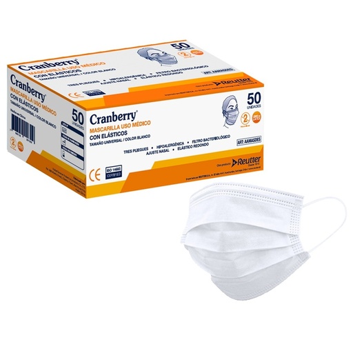 [7806130201309] Caja 50 Mascarillas Uso Médico tipo IIR Blanco Reutter Cranberry