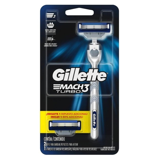 [7702018363308] Gillette Mach3 Turbo Máquina de Afeitar Recargable + 2 Cartuchos P&G