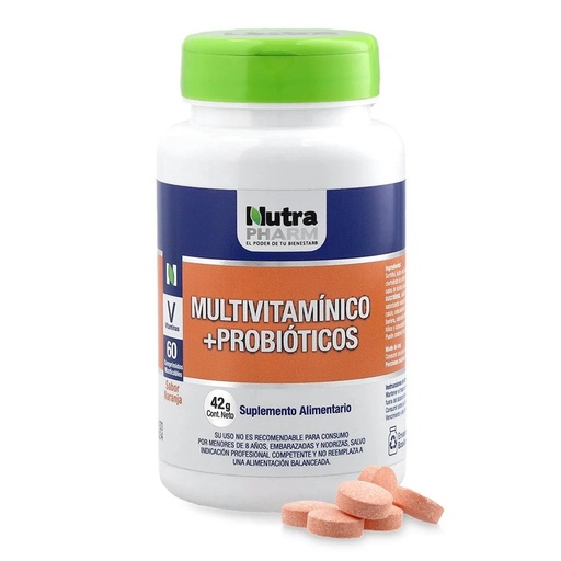 [7809576416009] Multivitamínicos + Probióticos 60 Comp. Masticables Naranja NutraPharm