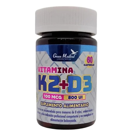 [793969323623] Vitaminas D3 y K2 (800 UI / 100 mcg) 60 Cápsulas Green Medical