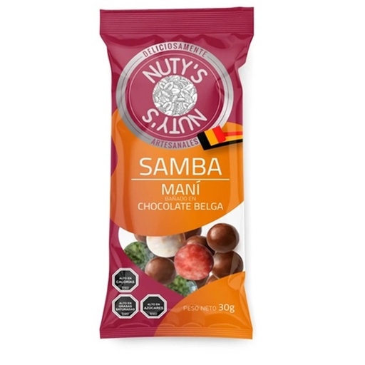 [7804668880072] Nuty´s Samba Maní Bañado en Chocolate Belga 30 g