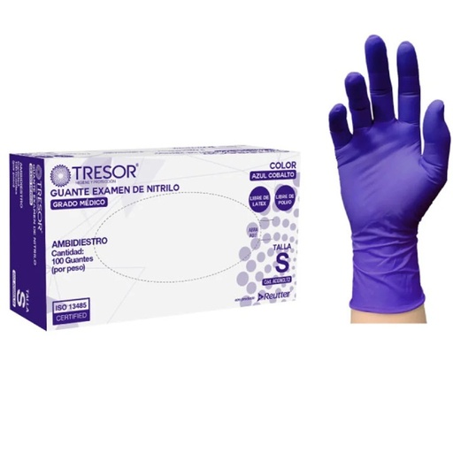 [7806130010482] Tresor Guantes de Nitrilo Talla S Sin Polvo Azules Cobalto 100 Unidades Grado Médico Reutter