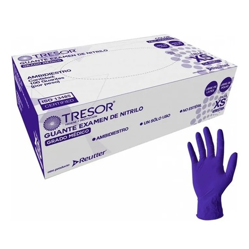 [7806130010475] Tresor Guantes de Nitrilo Talla XS Sin Polvo Azules Cobalto 100 Unidades Grado Médico Reutter