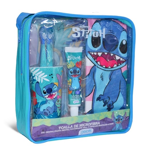 [7804915531542] Stitch 2 Cepillos + Pasta Dental 50 g + Toalla Microfibra + Vaso + Estuche Gelatti