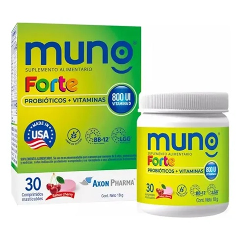 [7804651290352] Muno Forte Probióticos + Vitaminas con Vit. D 800 UI30 Comprimidos Masticables Sabor Cherry Axon Pharma