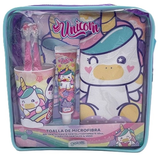 [7804915531535] Unicorn 2 Cepillos + Pasta Dental 50 g + Toalla Microfibra + Vaso + Estuche Gelatti