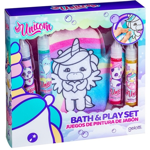 [7804915529532] Unicorn Bath & Play Set 4 Lápices Jabón Líquido + Mitón de Baño Gelatti