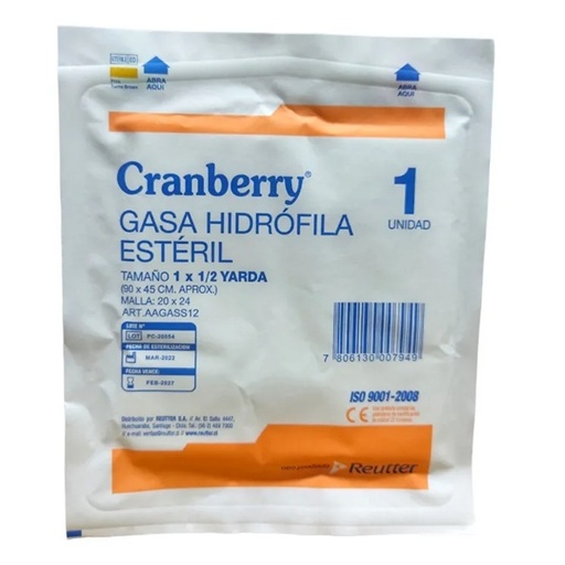 [7806130007949] Gasa Hidrófila Estéril 90 x 45 cm 1 Un Reutter Cranberry