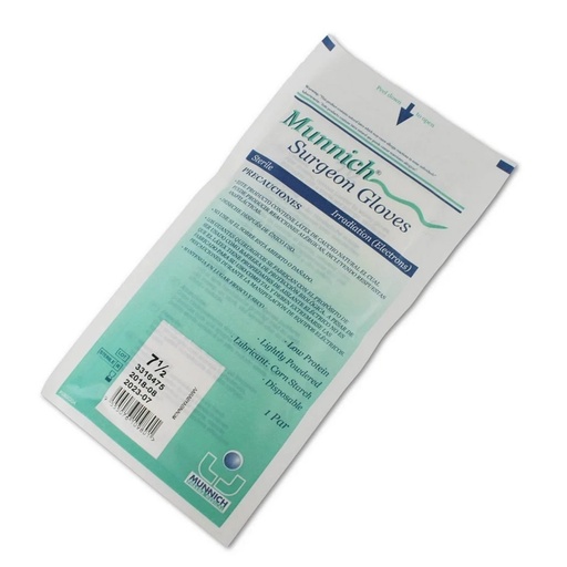 [9555076109801] Munnich (N°7.5) 2 Guantes de Látex Estériles Con Polvo Grado Quirúrgico Talla M/L