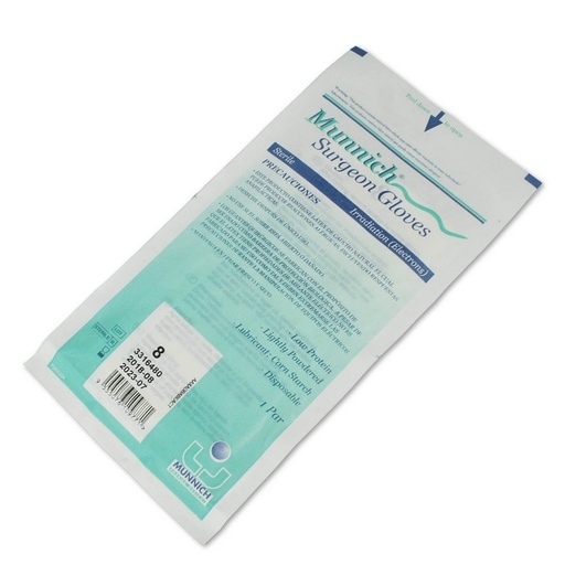 [9555076109771] Munnich (N°8) 2 Guantes de Látex Estériles Con Polvo Grado Quirúrgico Talla L