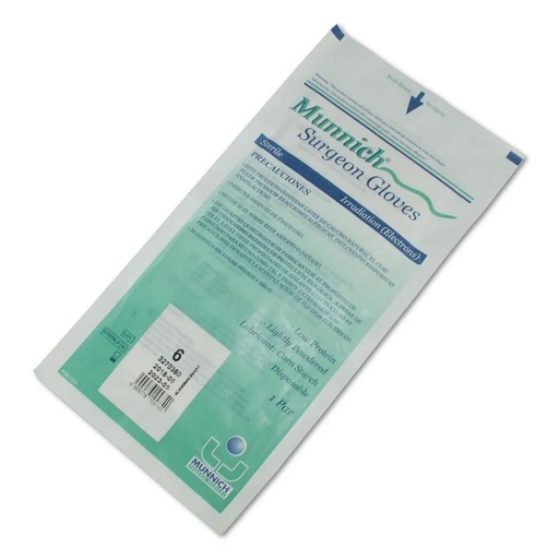 [9555076109740] Munnich (N°6) 2 Guantes de Látex Estériles Con Polvo Grado Quirúrgico Talla XS