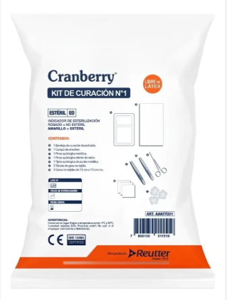Kit de Curación Nº1 11 Productos (Bandeja- Apósitos - Gasas- Tórulas- Tijeras y Pinzas Quirúrgicas) Cranberry