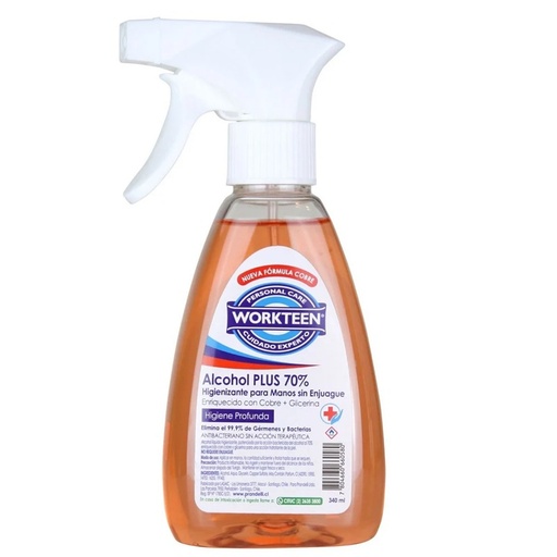 [7804660660580] Workteen Alcohol Plus 70º Cobre Higienizante de Manos con Gatillo 340 mL