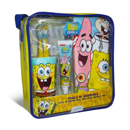 [7804915528092] Bob Esponja 2 Cepillos + Pasta Dental 50 g + Toalla Microfibra + Vaso + Estuche Gelatti