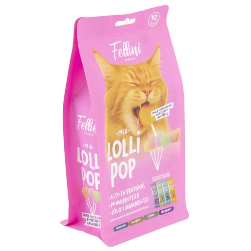 [7805505012878] Fellini Snack Lolli Pop Gatos Mix Sabores 10 Unidades