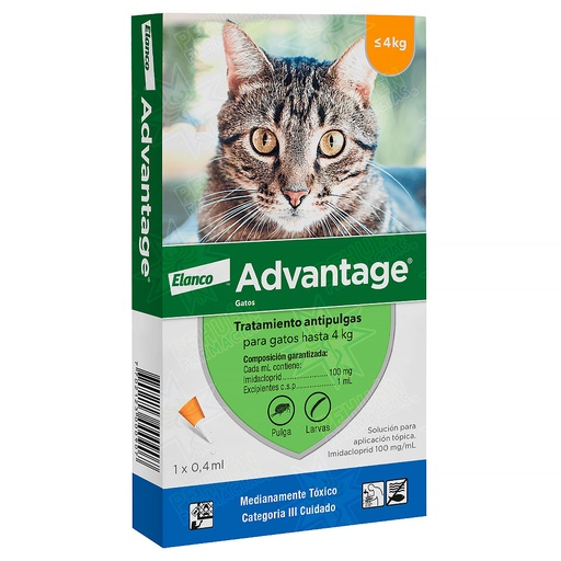 [7702123000907] Advantage Gatos 0-4 kg 100 mg/mL Pipeta 0,4 mL Elanco